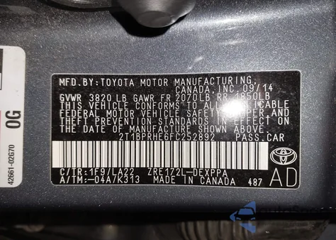 2015 Toyota Corolla Le Eco Premium from USA, damaged, VIN 2T1BPRHE6FC252892